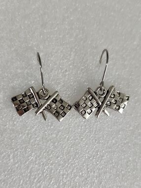 Hand Crafted Silver Tone Checkered Flag Drop Earrings